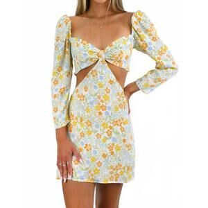 NEW SKY TO MOON floral dream open midriff dress with sleeves in white with orang